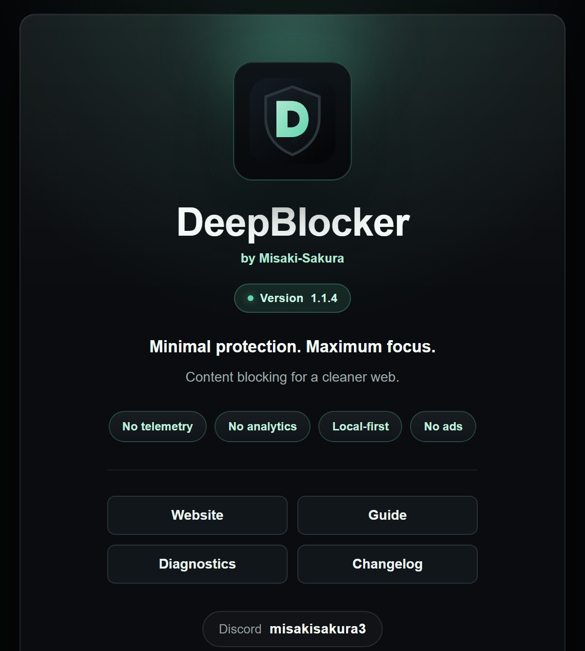 DeepBlocker about page with version, privacy badges and links
