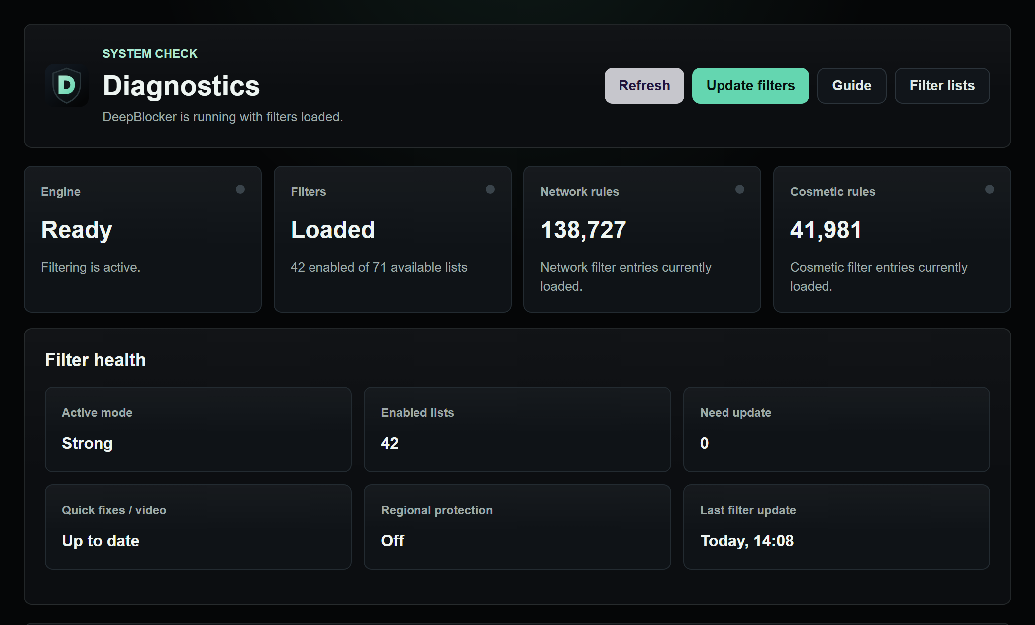 DeepBlocker diagnostics showing engine, filters and health status