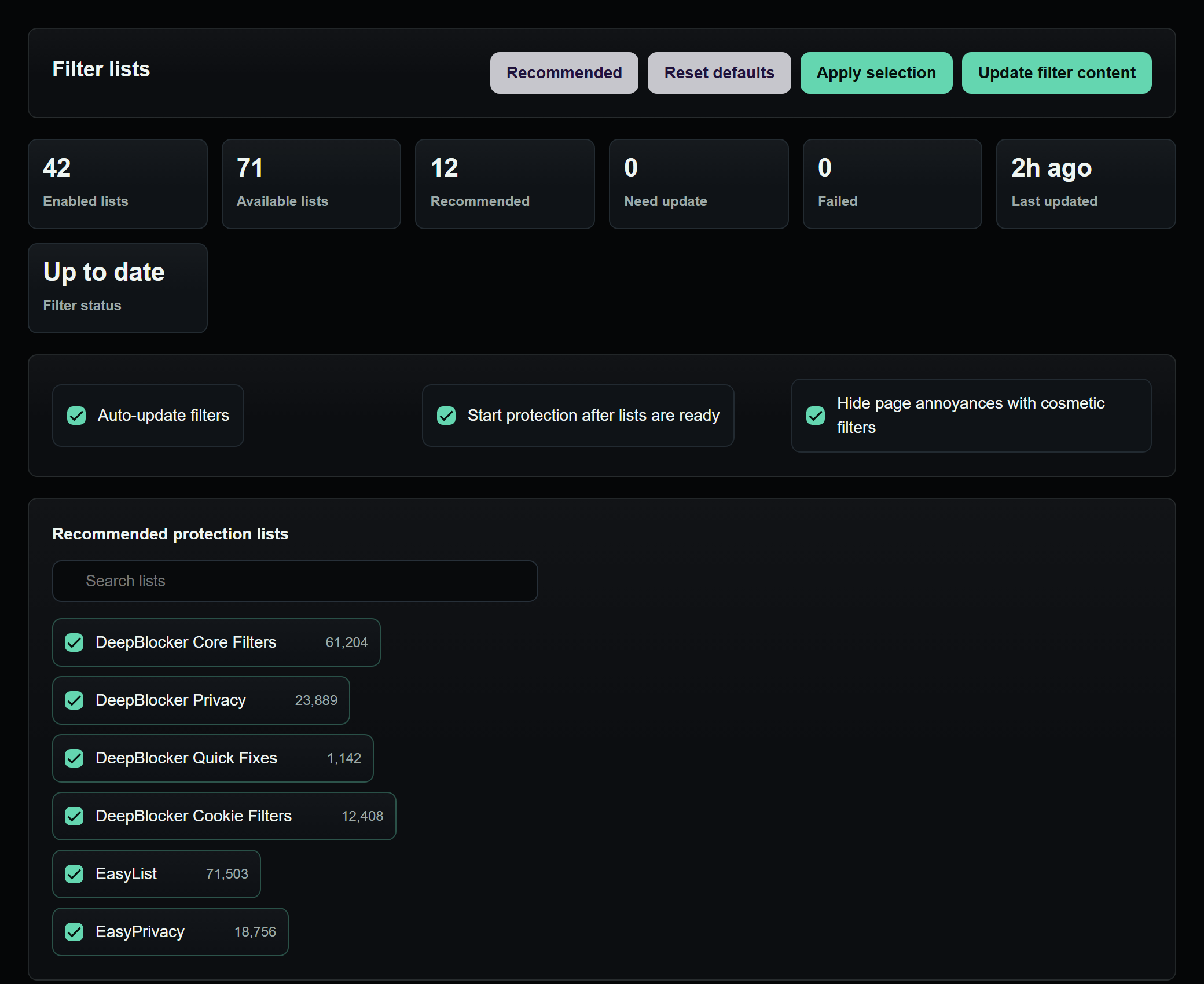 DeepBlocker filter lists with enabled counts and recommended lists