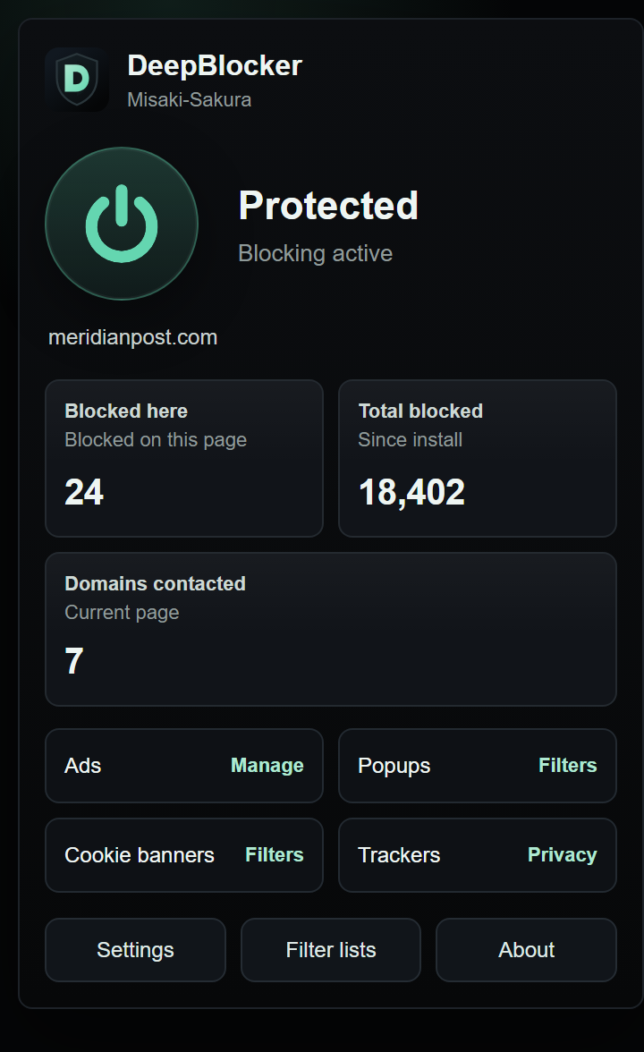 DeepBlocker popup with protection status, blocked stats and quick actions