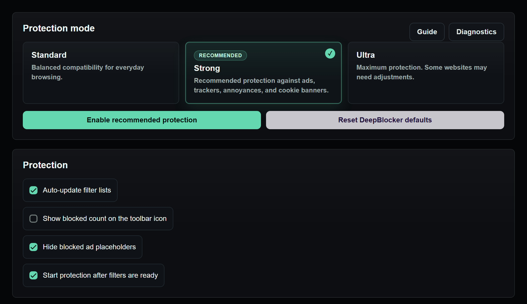 DeepBlocker settings showing Standard, Strong and Ultra protection modes